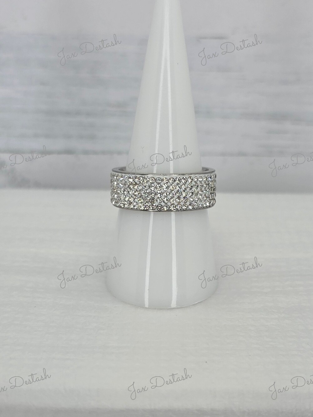 Stainless Steel Crystal Pavé Wide Band Ring